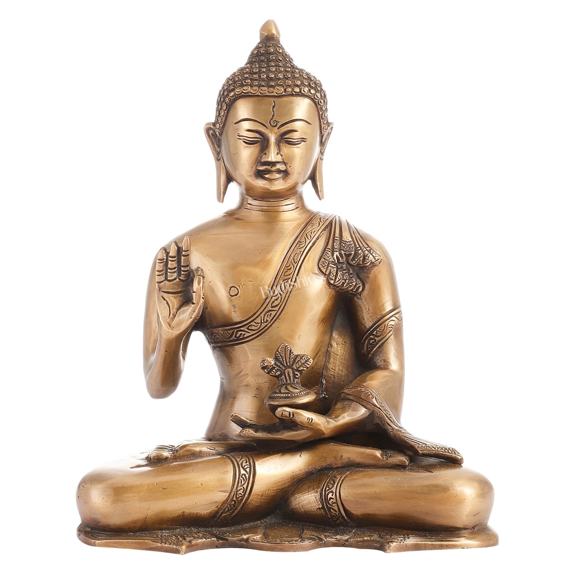 Smooth Matte Gold Brass Buddha Statue in Abhaya Mudra | 10.5-inch