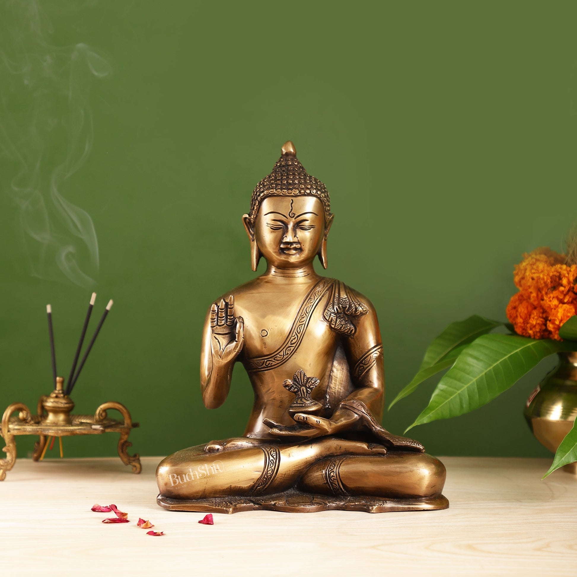 Smooth Matte Gold Brass Buddha Statue in Abhaya Mudra | 10.5-inch