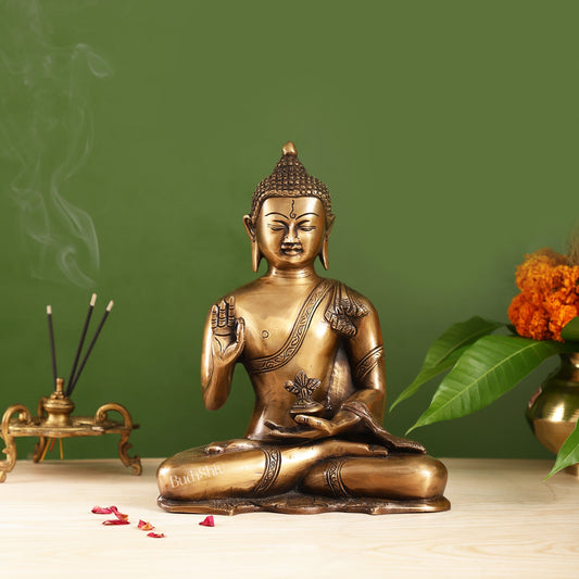 Smooth Matte Gold Brass Buddha Statue in Abhaya Mudra | 10.5-inch