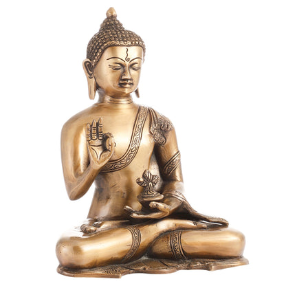 Smooth Matte Gold Brass Buddha Statue in Abhaya Mudra | 10.5-inch