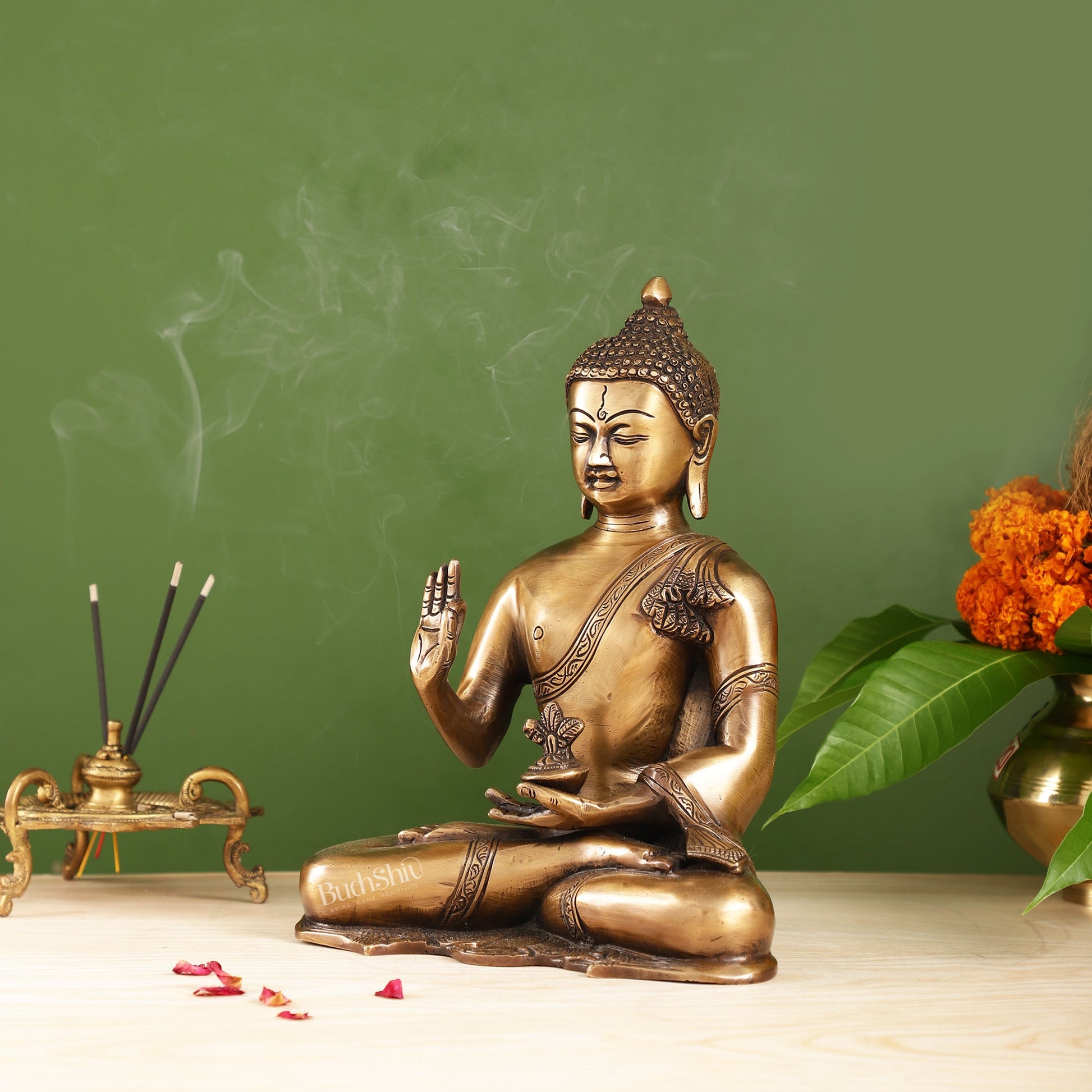 Smooth Matte Gold Brass Buddha Statue in Abhaya Mudra | 10.5-inch