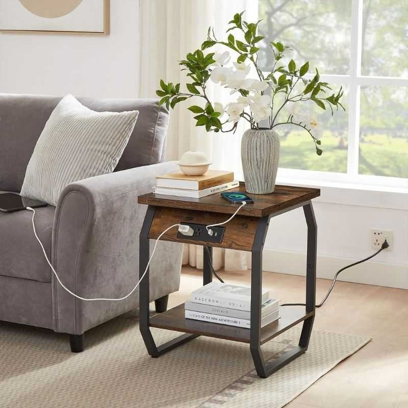 Rustic Smart Charging Sofa Side Table with Storage Shelf | Wooden Side Table with Built-In Power Outlets & USB Ports | Industrial Style | Compact Living Room Furniture