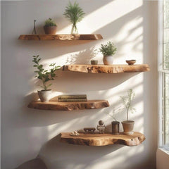 Modern Rustic Live Edge Floating Shelves (Set of 4) – Solid Acacia Wood Wall Shelves