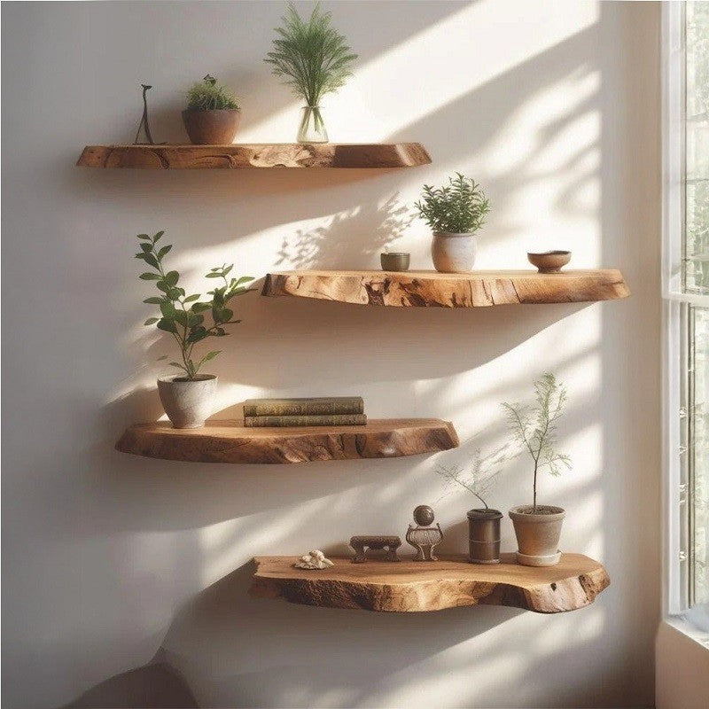 Modern Rustic Live Edge Floating Shelves (Set of 4) – Solid Acacia Wood Wall Shelves