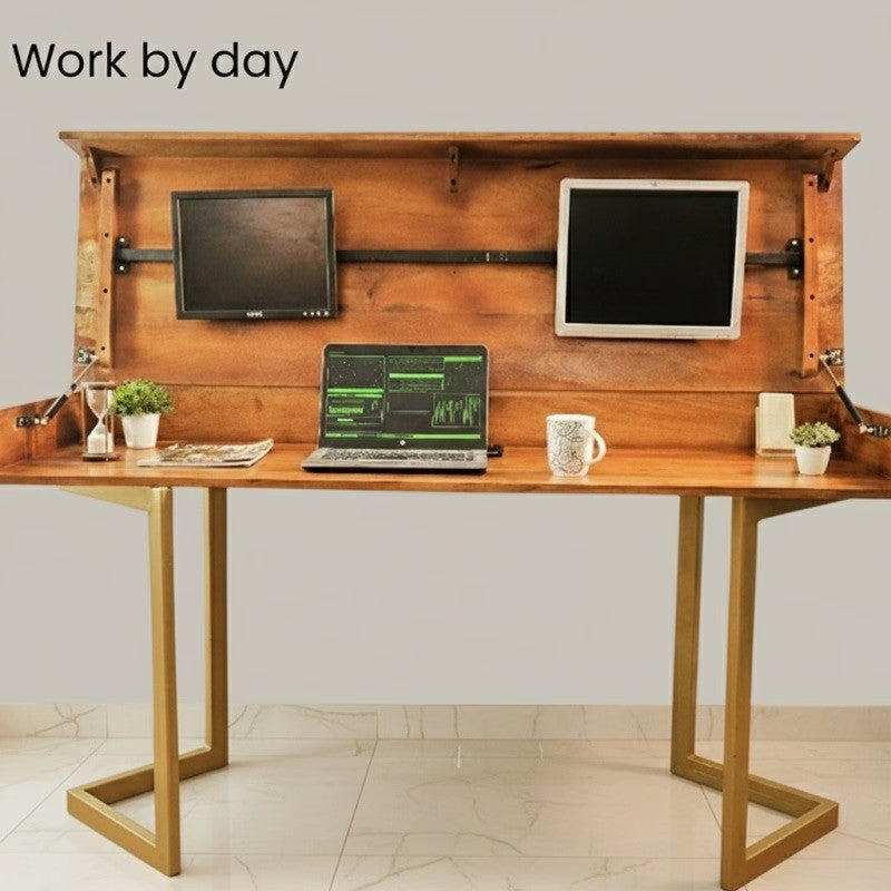 Solid Acacia Wood Transformer Table – Extendable, Standing & Gaming Desk to Dining Table with Hydraulic Lift and Storage