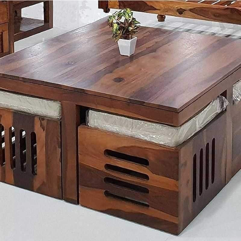 Solid Sheesham Wood Coffee Table Set – Modern Square Design – Honey Finish – Living Room Center Table with Cushioned Stools & Storage