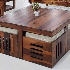 Solid Sheesham Wood Coffee Table Set – Modern Square Design – Honey Finish – Living Room Center Table with Cushioned Stools & Storage