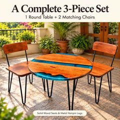 Handmade Round Live Edge Epoxy Coffee Table Set with 2 Chairs, Solid Wood Table with Blue Resin, Metal Hairpin Legs, Custom Size Furniture Set