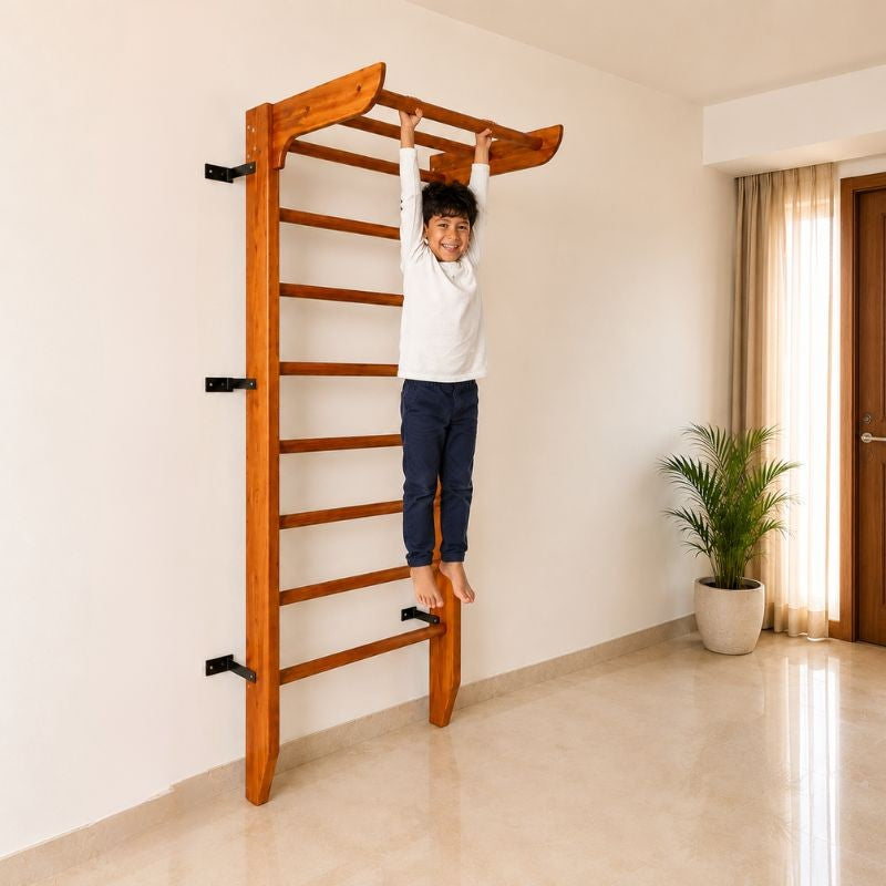 Wooden Swedish Wall Bar Ladder with Pull-Up Bar – Solid Wood Gymnastics Stall Bars for Home Gym, Stretching & Physiotherapy