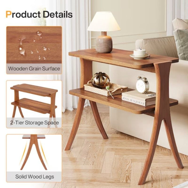 Tall Narrow End Table with 2-Tier Shelf and Solid Wood Legs