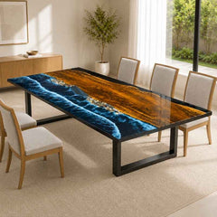 Handmade Blue Pebble Shore Ocean Wave Epoxy Resin Dining Table, Wooden Resin Coffee Table, Epoxy Beach Table, Layered Resin Wave Design with Realistic Water Movement Effect