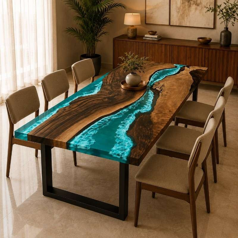 Live Edge Wood Ocean Wave Epoxy Resin Dining Table with Black Metal Legs | Modern Luxury Blue Resin Table Top, Handmade Luxury Furniture Interior Design, Kitchen River Table