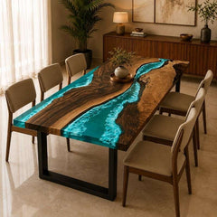 Live Edge Wood Ocean Wave Epoxy Resin Dining Table with Black Metal Legs | Modern Luxury Blue Resin Table Top, Handmade Luxury Furniture Interior Design, Kitchen River Table