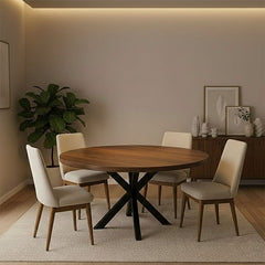 Modern Acacia Solid Wood Round Dining Table with Metal Legs (4-Seater)