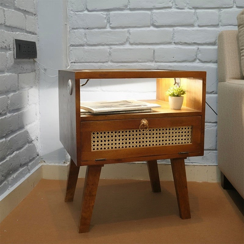 Smart Solid Wood Bedside Table with Wireless Charging Station, LED Light, Rattan Drawer & USB Ports for Bedroom & Living Room
