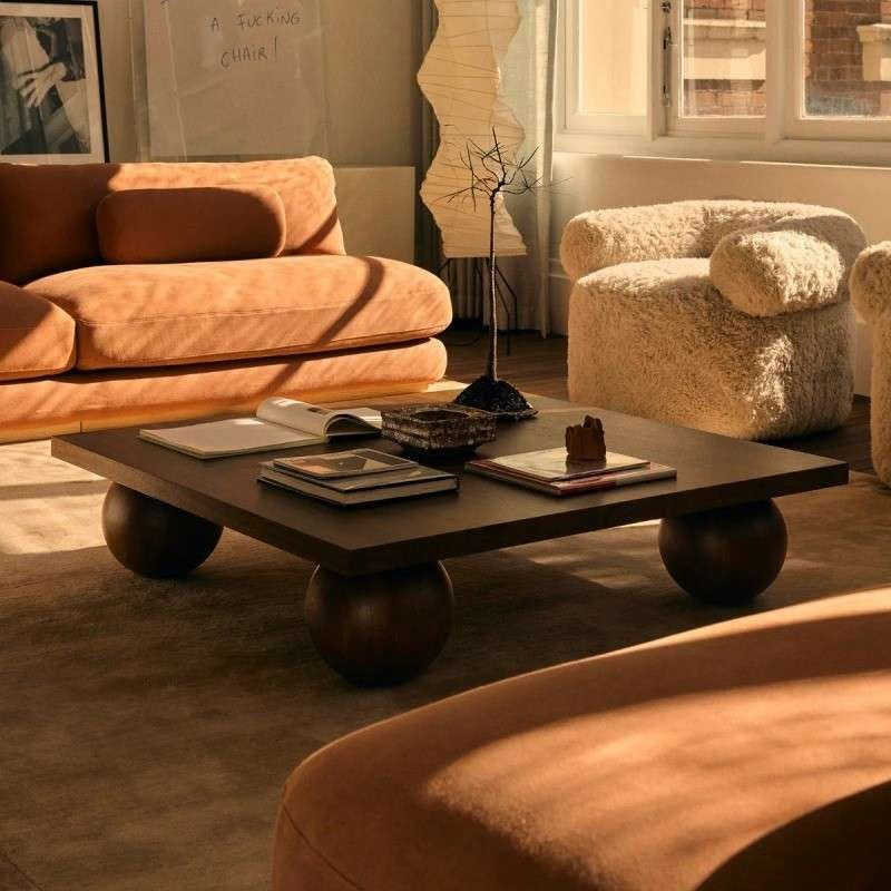Modern Solid Wood Square Coffee Table with Spherical Wooden Legs – Dark Solid Wood Finish for Living Room