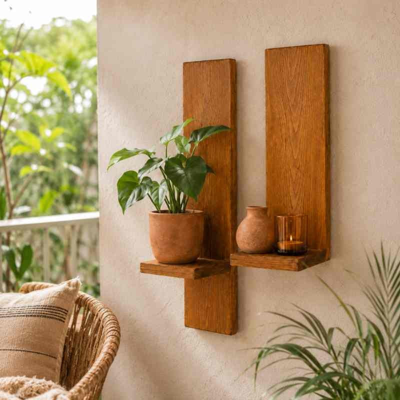 Rustic Wall Hanging Wooden Shelves (Set of 2), Solid Wood Plant Display Shelves
