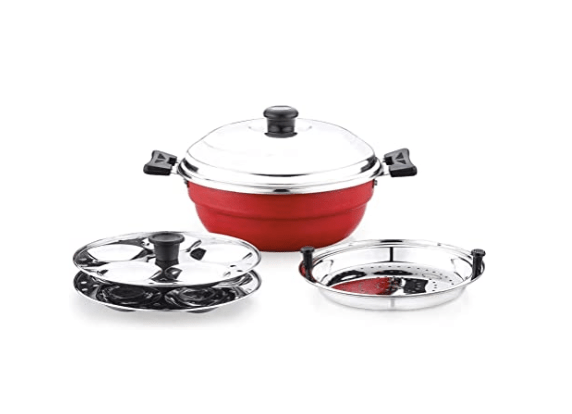 Sowbaghya Non Stick Induction Base Multi Kadai (2 Idli Plates + 1 Steamer Plate) (Dia: 250mm) (Thickness: 3mm) (3Ltr) | All-in-One Idli Cooker Multi Kadhai Steamer | Idli Maker with Steamer