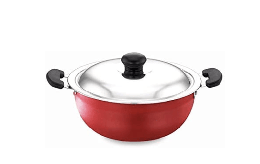SOWBAGHYA Aluminium Non Stick Deep Kadai with Stainless Steel Lid (3 L, Red with Black) Deep Kadai with Glass Lid | Induction Kadai | Non Stick Kadai | Deep Fry Pan