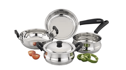 SOWBAGHYA Induction Base Stainless Steel Cookware Set (5 Pieces)|Saucepan,Fry Pan,Dutch Oven Pot With Lid,Kadai|Silver,Kadai / Saucepan / Cookware Set With Lid / Fry Pan|Gas Stove&Induction Friendly