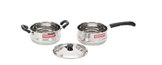 SOWBAGHYA Ultima Stainless Steel Cooking Pot with Lid and A Milk Pan, 3 Piece (Silver) | Flat Base Sauce Pan, Tea Pan, Milk Pan | Induction Base Cook & Serve Handi with Stainless Steel Lid