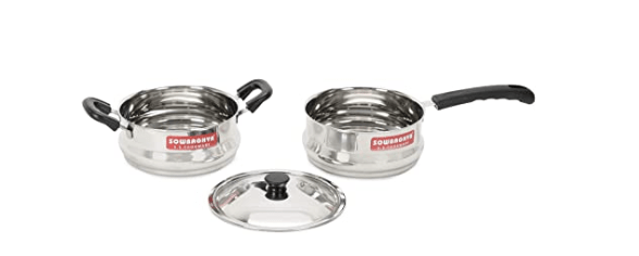 SOWBAGHYA Ultima Stainless Steel Cooking Pot with Lid and A Milk Pan, 3 Piece (Silver) | Flat Base Sauce Pan, Tea Pan, Milk Pan | Induction Base Cook & Serve Handi with Stainless Steel Lid-1