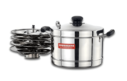 SOWBAGHYA Induction Base Stainless Steel Idli Maker (Silver, 4 Plates) Silver Idly Cooker Pot | Induction and Gas Stove Compatible Idli Maker | Idly Maker with 4 Plates 16 idlis | Silver