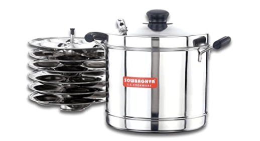 Sowbaghya Induction Base Stainless Steel Idli Maker (6 Plates) Silver Idly Cooker Pot | Induction and Gas Stove Compatible Idli Maker | Idly Maker with 6 Plates 24 idlis | Silver