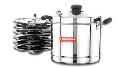 Sowbaghya Induction Base Stainless Steel Idli Maker (6 Plates) Silver Idly Cooker Pot | Induction and Gas Stove Compatible Idli Maker | Idly Maker with 6 Plates 24 idlis | Silver