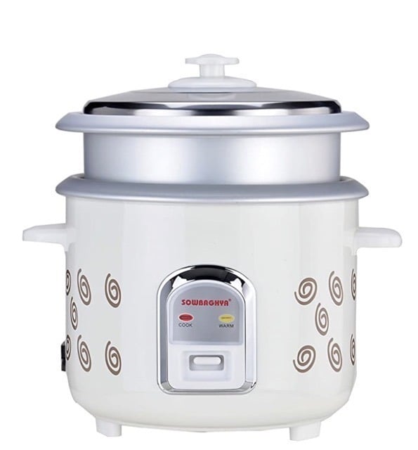 SOWBAGHYA 1.8L Rice Cooker with Inner Pot, White | Digital Rice Cooker | with Steam & Rinse Basket | Stainless Steel | One-touch Operation and Keep Warm Function