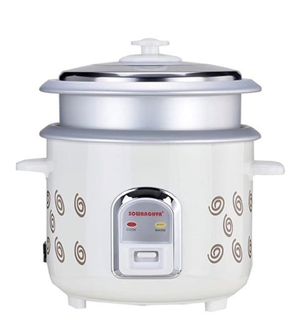 SOWBAGHYA 1.8L Rice Cooker with Inner Pot, White | Digital Rice Cooker | with Steam & Rinse Basket | Stainless Steel | One-touch Operation and Keep Warm Function