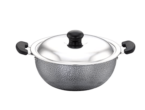 SOWBAGHYA Aluminium Non Stick Deep Kadai with Stainless Steel Lid (2 LTR, Grey)