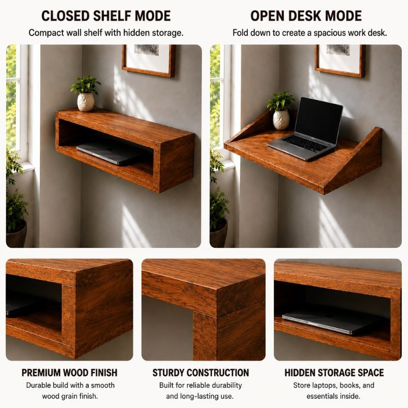Wall Mounted Foldable Floating Desk, Space Saving Storage Shelf to Study & Laptop Table