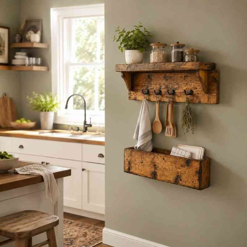 Rustic Wooden Key Holder for Wall with Display Shelf & Mail Organizer Box
