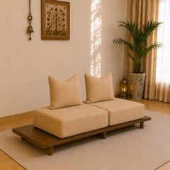Japanese Style Modular Sofa Bed with Sliding Tea Dining Table – Space Saving Wooden Lounge