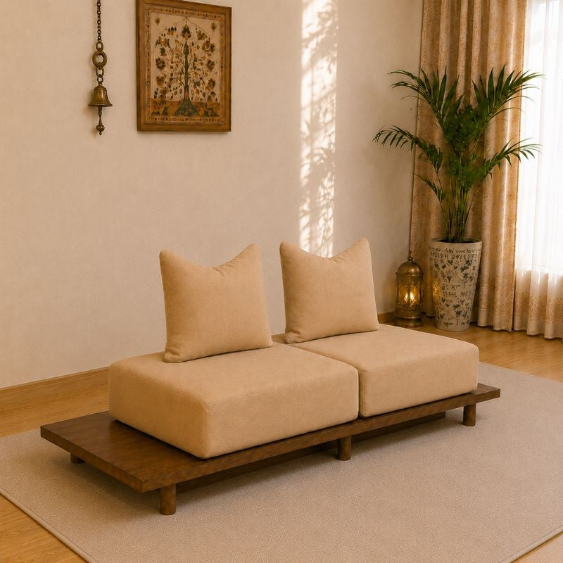 Japanese Style Modular Sofa Bed with Sliding Tea Dining Table – Space Saving Wooden Lounge