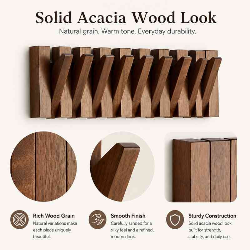 Acacia Wood Foldable Wall Hook Rack – Flip-Down Coat, Suit & Key Hanger (Space-Saving)
