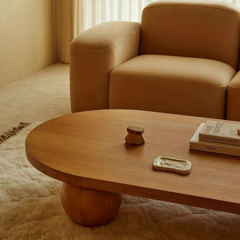 Sphere Solid Wood Oval Coffee Table with Sculptural Ball Legs – Minimalist Living Room Furniture