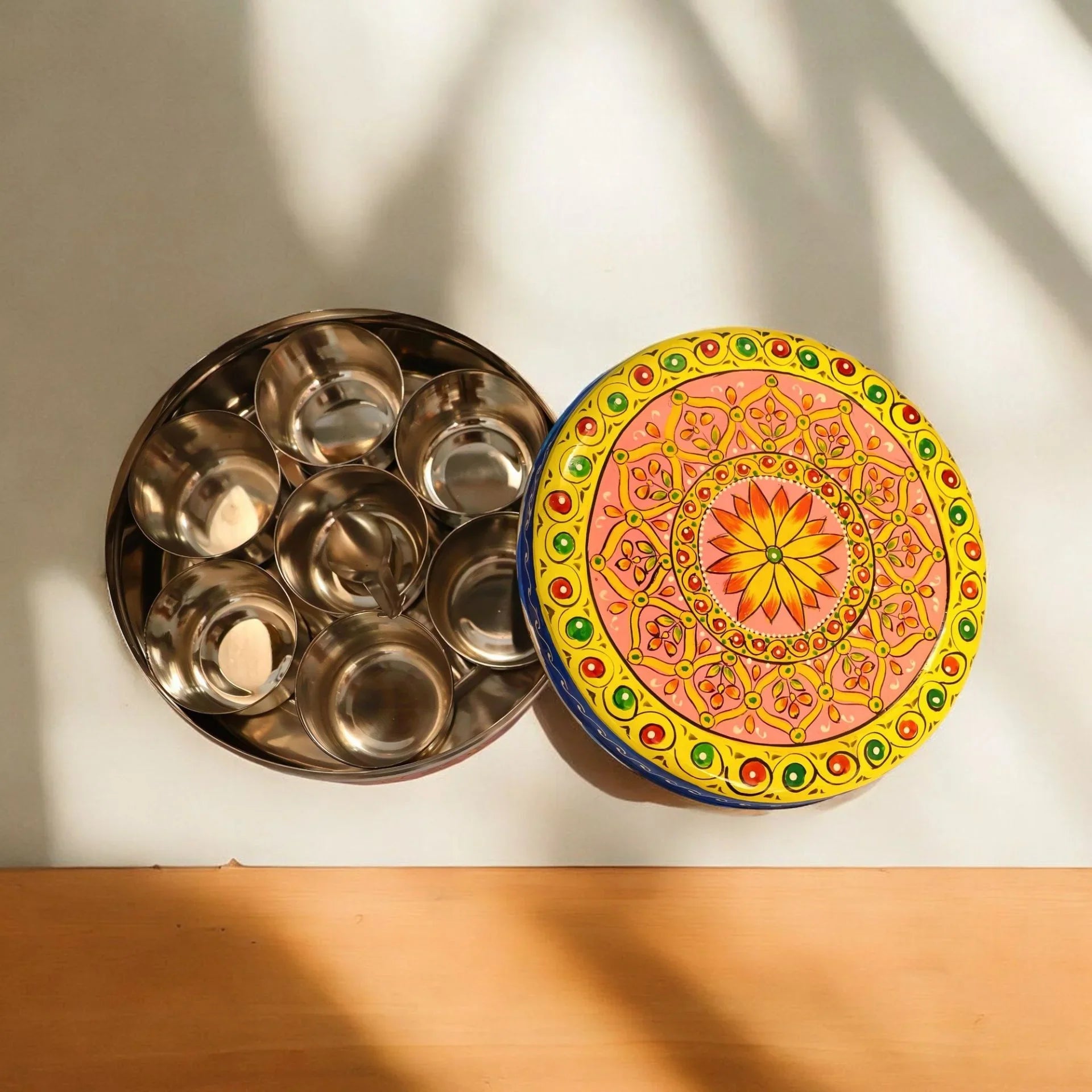Hand Painted Spice Box With 7 Compartments- Beautiful Carving Design