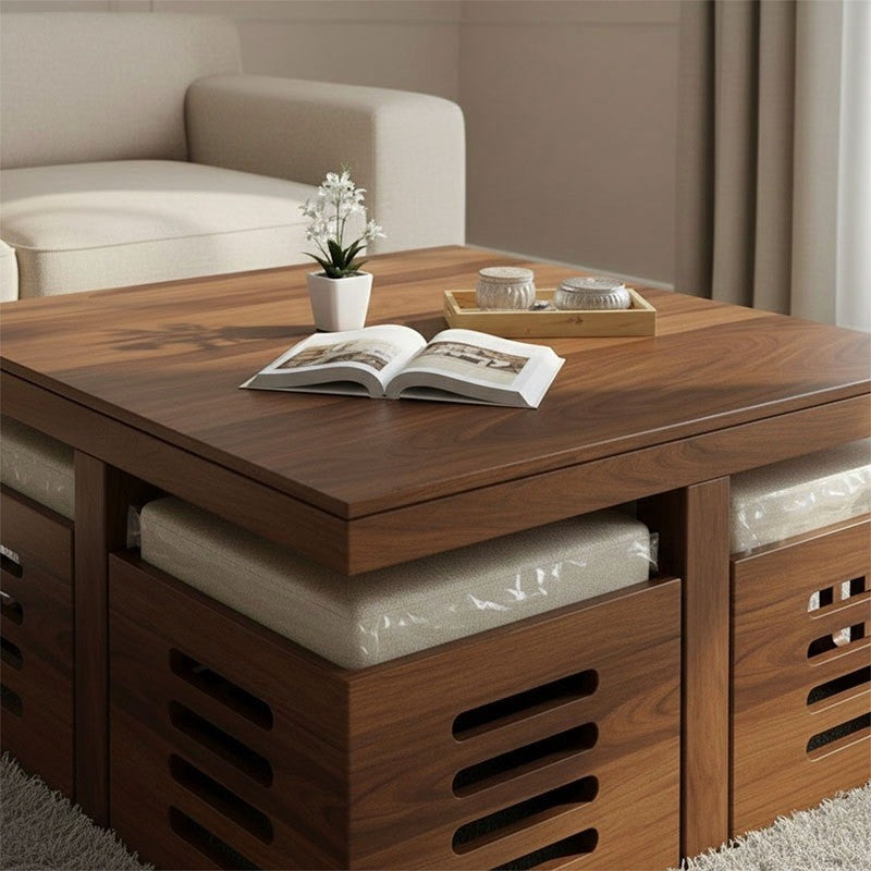 Solid Sheesham Wood Coffee Table Set – Modern Square Design – Honey Finish – Living Room Center Table with Cushioned Stools & Storage