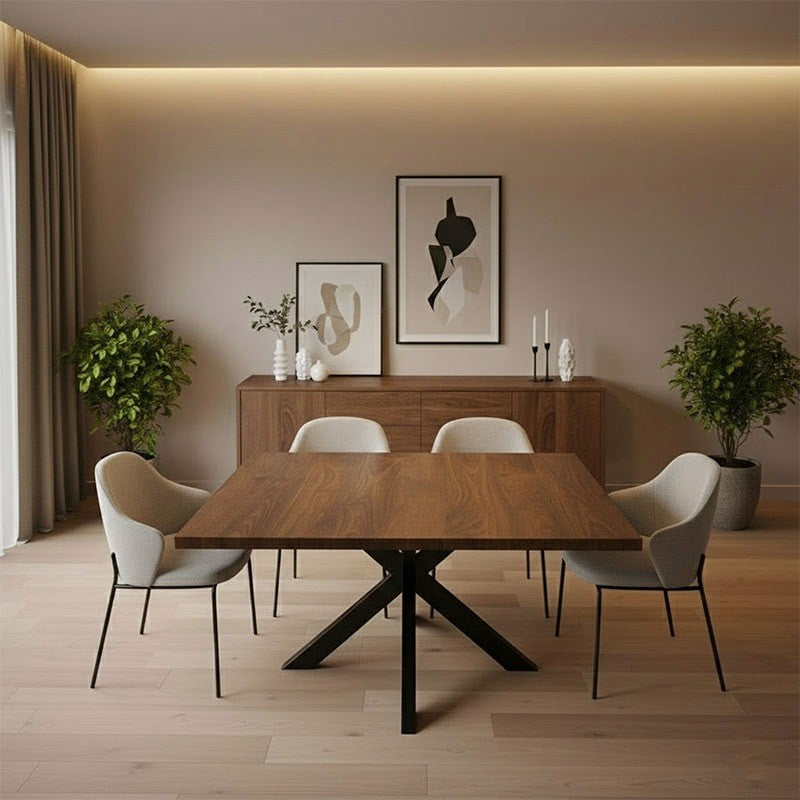 Acacia Wood Rustic Square Dining Table with Black Steel Spider Legs