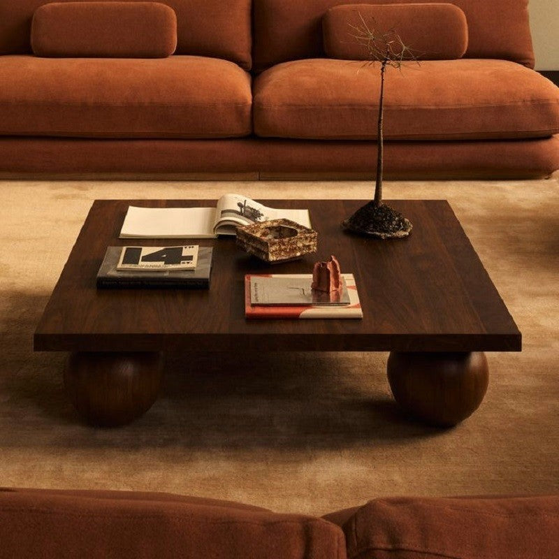 Modern Solid Wood Square Coffee Table with Spherical Wooden Legs – Dark Solid Wood Finish for Living Room