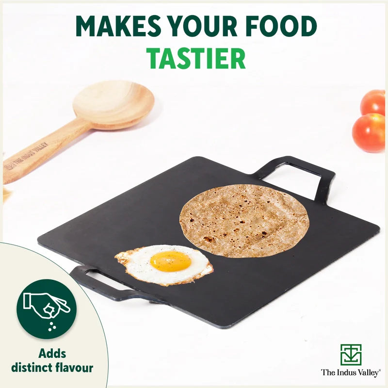 100% Pure Iron Square Tawa with Double Handles, Toxin-free Sheet Iron, Pre-Seasoned, Induction & Gas, 30.5cm