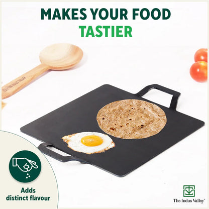 100% Pure Iron Square Tawa with Double Handles, Toxin-free Sheet Iron, Pre-Seasoned, Induction & Gas, 30.5cm