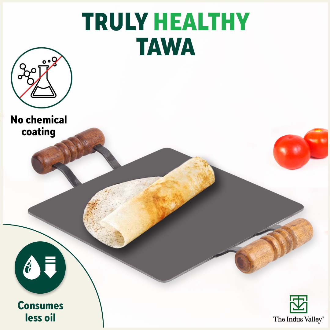 100% Pure Iron Square Tawa with Double Wooden Handles, Pre-Seasoned, Toxin-free, Induction, 30.5cm