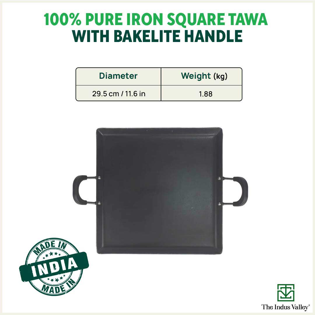 100% Pure Sheet Iron Tawa, Square, Cool Bakelite Handle, Seasoned, Toxin-free, Induction, 29.5cm, 1.88kg