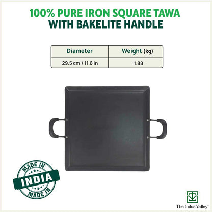 100% Pure Sheet Iron Tawa, Square, Cool Bakelite Handle, Seasoned, Toxin-free, Induction, 29.5cm, 1.88kg