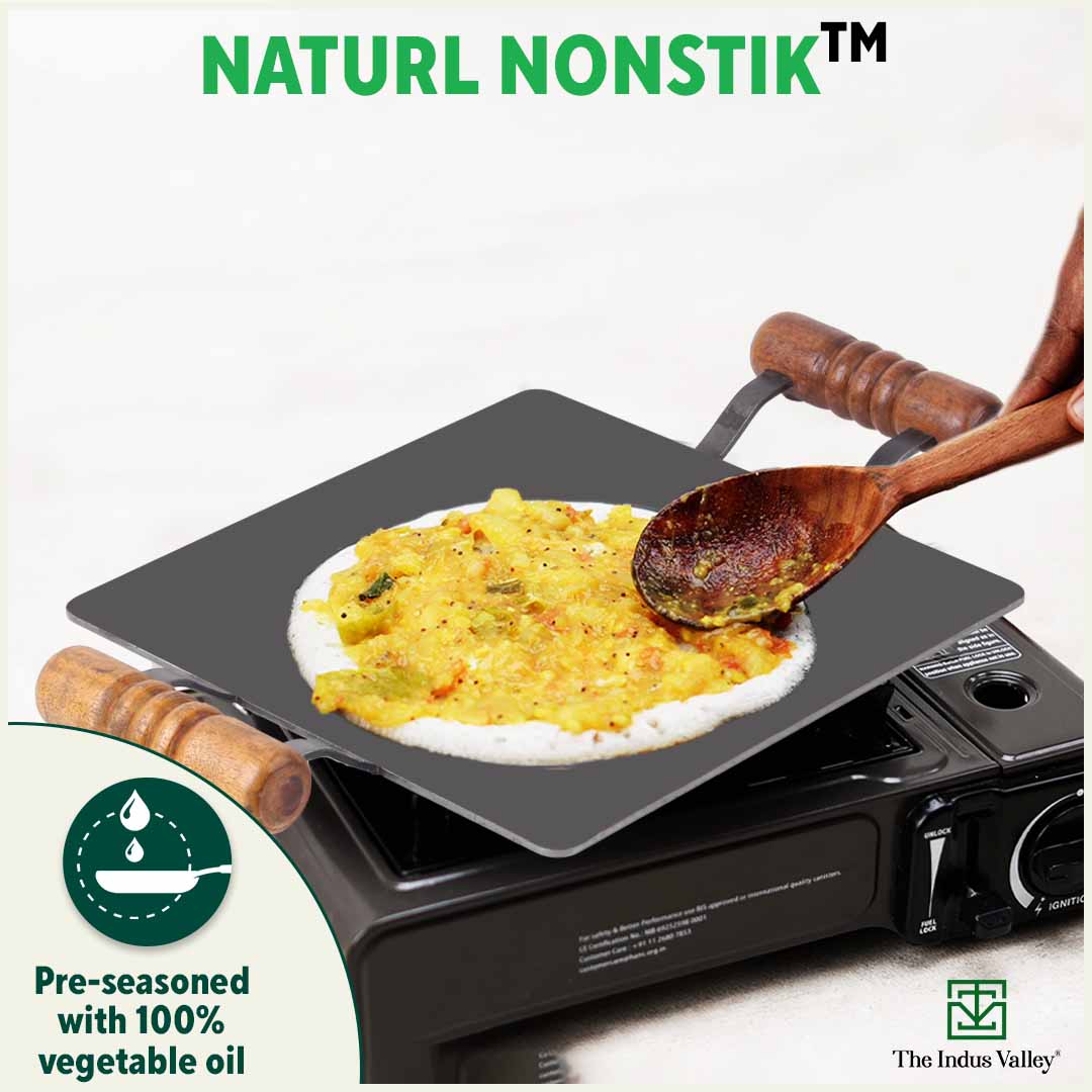 100% Pure Iron Square Tawa with Double Wooden Handles, Pre-Seasoned, Toxin-free, Induction, 30.5cm