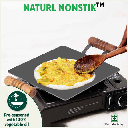100% Pure Iron Square Tawa with Double Wooden Handles, Pre-Seasoned, Toxin-free, Induction, 30.5cm