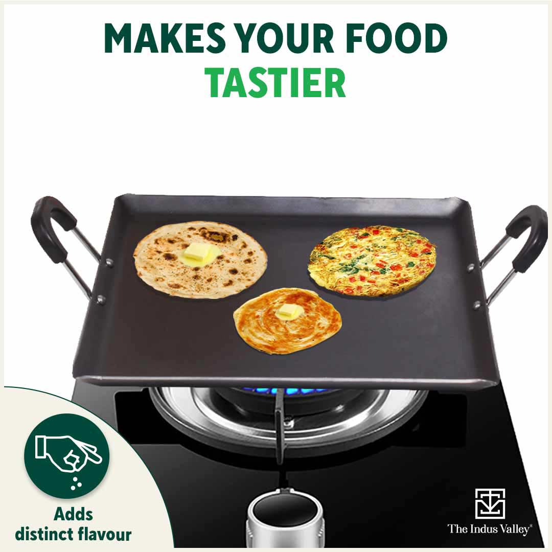 100% Pure Sheet Iron Tawa, Square, Cool Bakelite Handle, Seasoned, Toxin-free, Induction, 29.5cm, 1.88kg